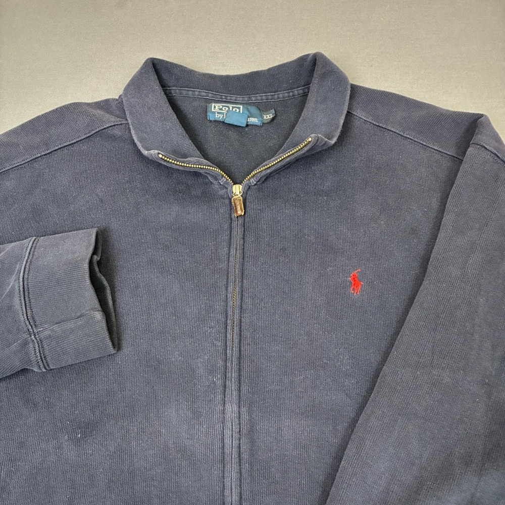 VTG Polo Ralph Lauren Men's Navy Blue Full Zip Sweater Red Pony Size XXL